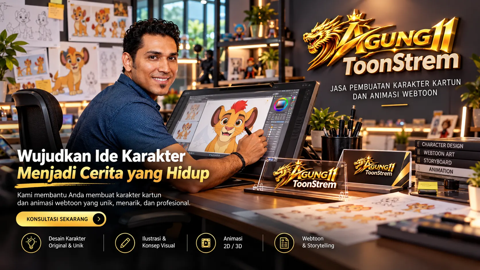 Visual ilustrator AGUNG11 Toon Strem mengerjakan karakter kartun di tablet gambar