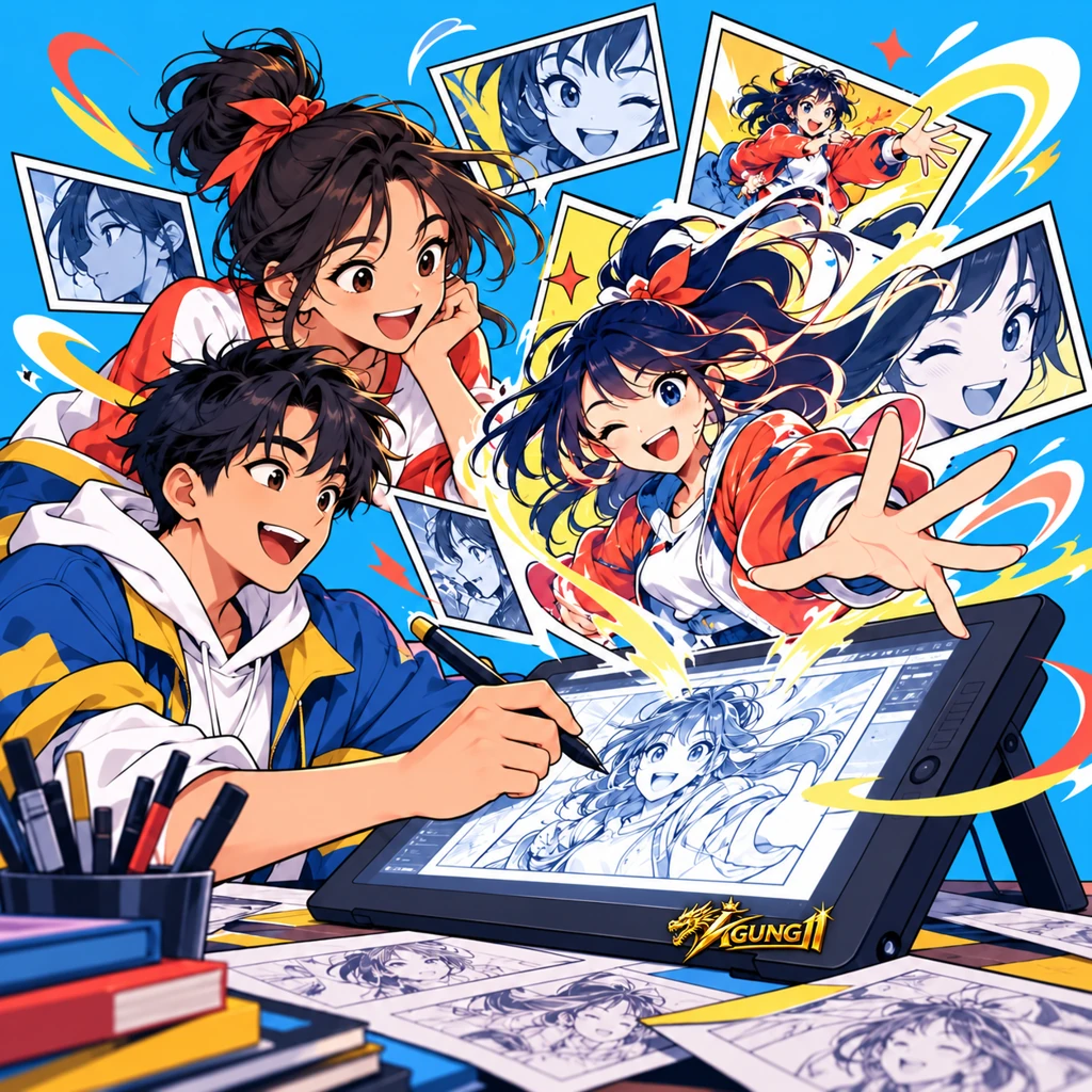 Ilustrasi kartun kreator menggambar karakter webtoon di tablet